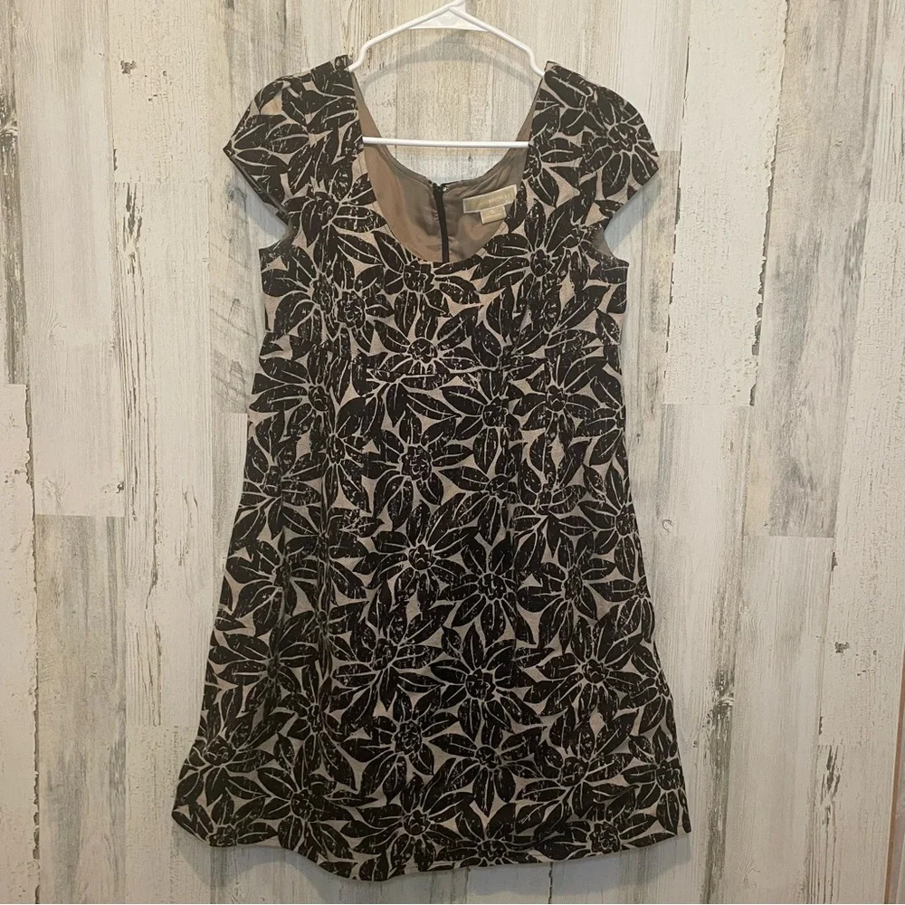 Michael Kors Linen Floral Cap Sleeve Dress-Khaki/Black size 6